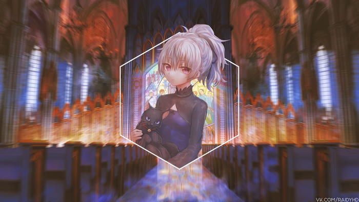 4K anime girl with cat in church