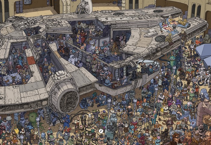 Star Wars Millennium Falcon with many characters