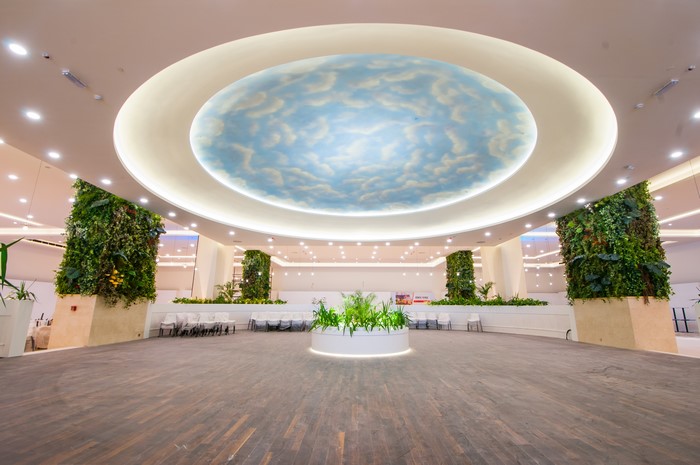 Interior of a modern building with vertical gardens and a sky mural