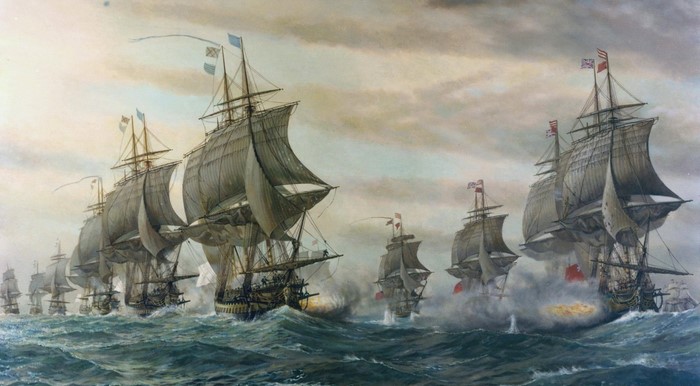 Naval battle with sailing ships in rough seas