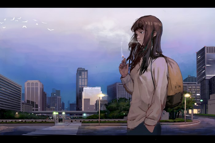 Anime girl smoking in a city at dusk