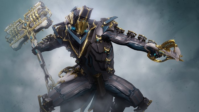 Warframe character with hammer and gun