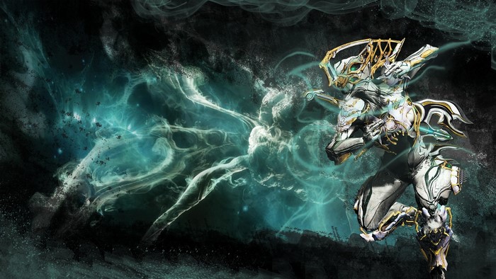 Warframe character with teal energy effects