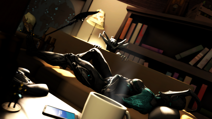 Warframe character relaxing on a couch with a mug