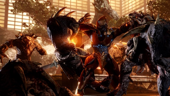 Warframe character fighting monsters