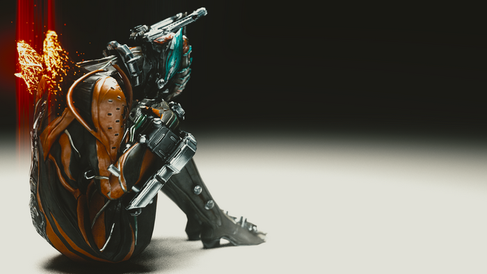 Valkyr from Warframe sitting with fire effects
