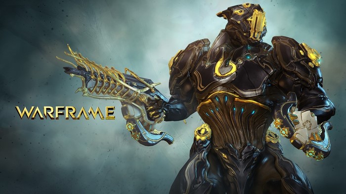 Warframe character with ornate weapon
