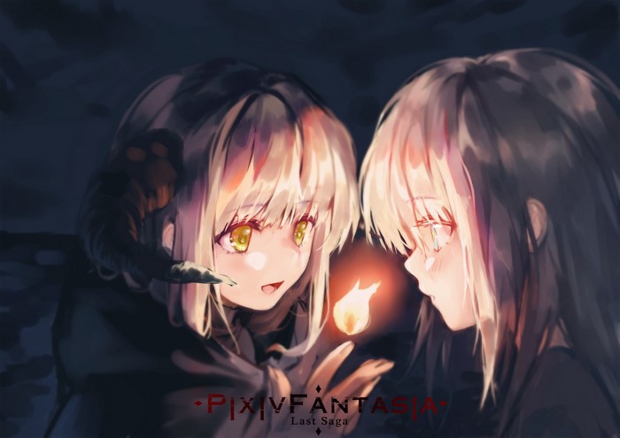 Anime girls holding a small flame, Pixiv Fantasia