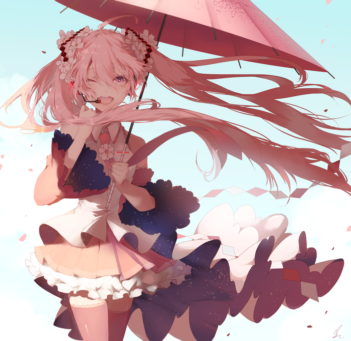 Sakura Miku Holding an Umbrella in the Breeze