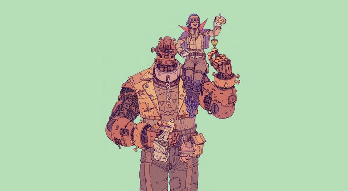 Artwork of a robot and a person with a simple background