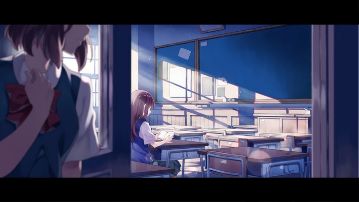 Anime girls in a classroom with sunlight