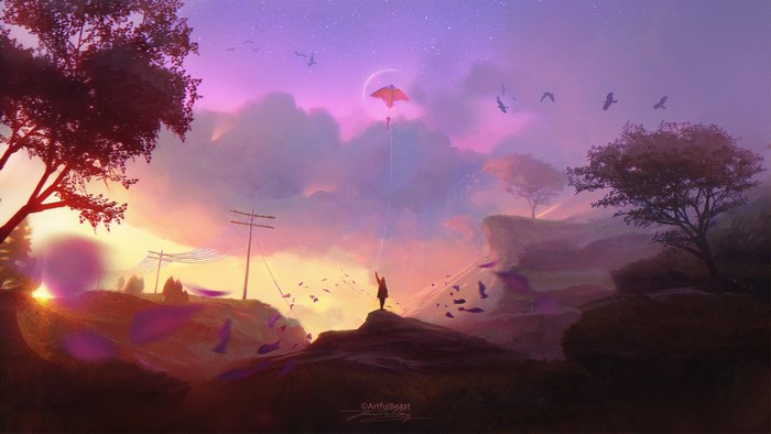 Artwork of a person flying a kite at sunset