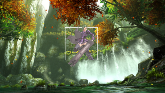 Anime girl with weapon in front of waterfall