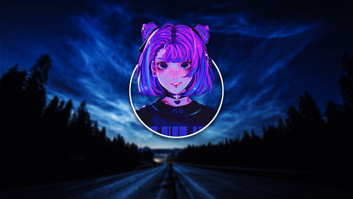 Anime girl with purple hair on a dark road at night