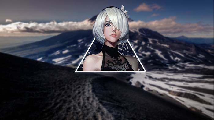 2B from Nier: Automata in a mountain landscape