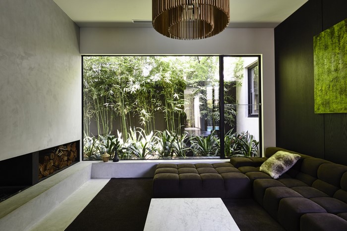 Modern living room with bamboo garden view