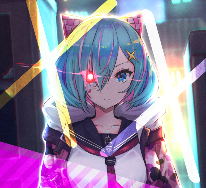 Anime girl with cat ears and glowing red eye