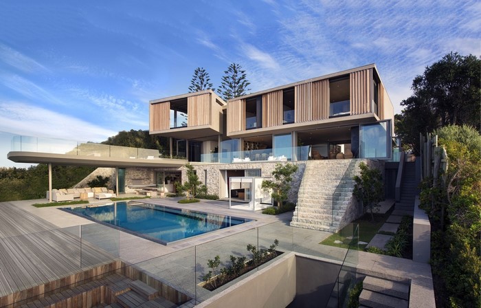 Modern house with swimming pool and outdoor seating