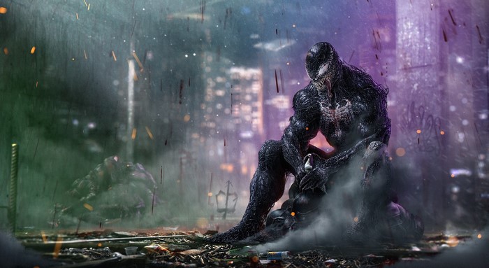 Venom sitting on a defeated foe in a rainy city