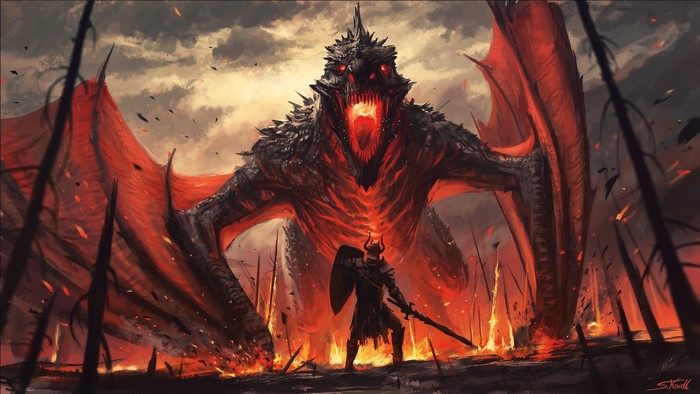 4K Fantasy Art of Warrior Facing Giant Dragon
