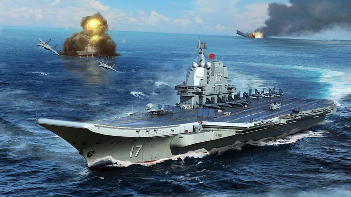 Aircraft carrier in battle with fighter jets and explosions