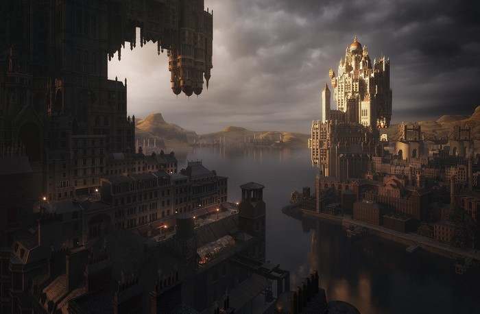 Fantasy city with floating architecture and a grand castle