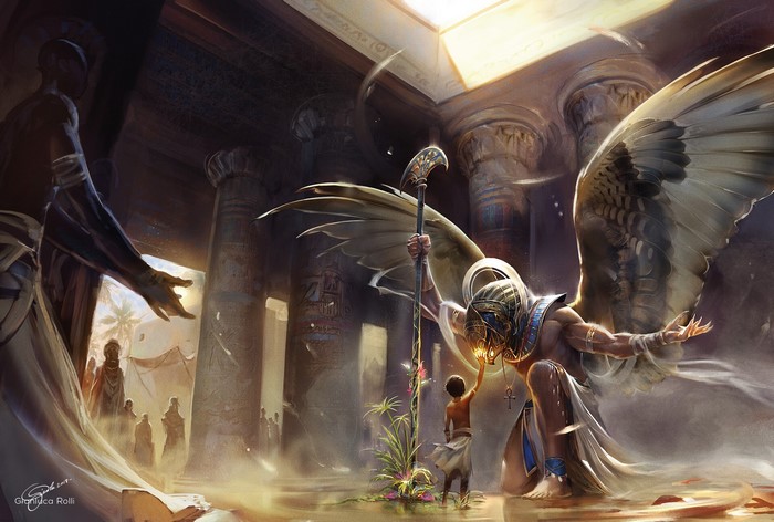 Osiris in Egyptian Temple with Child and Winged Figure