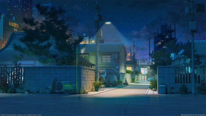 Anime night street scene with houses and city skyline