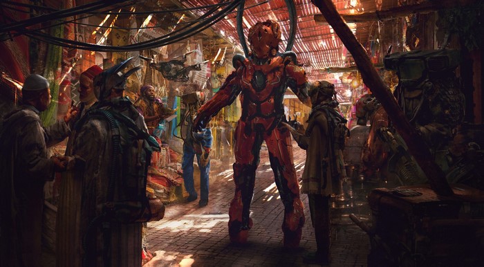 Futuristic market with people and a robot