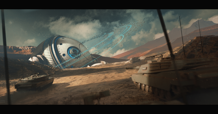 Sci-fi sphere crash in desert with tanks