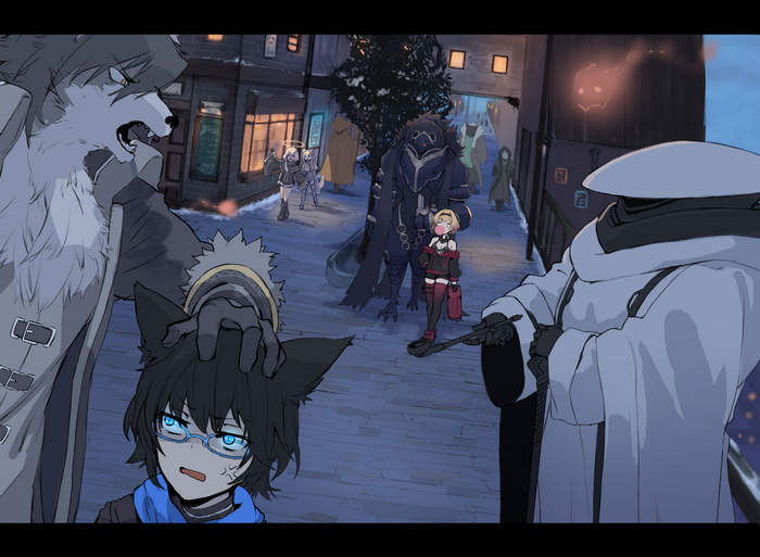 Characters in a snowy town street at night