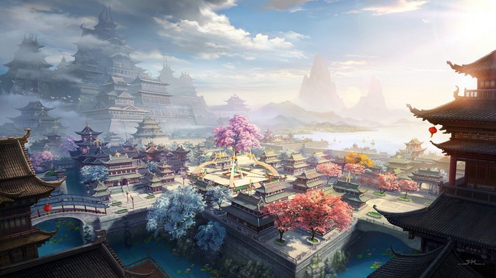 Ancient Chinese Palace Amidst Mountains and Blossoms