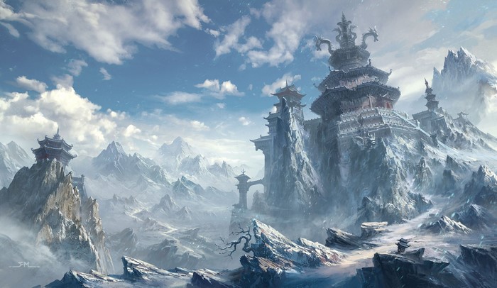 Fantasy mountain landscape with ancient temples and pagodas