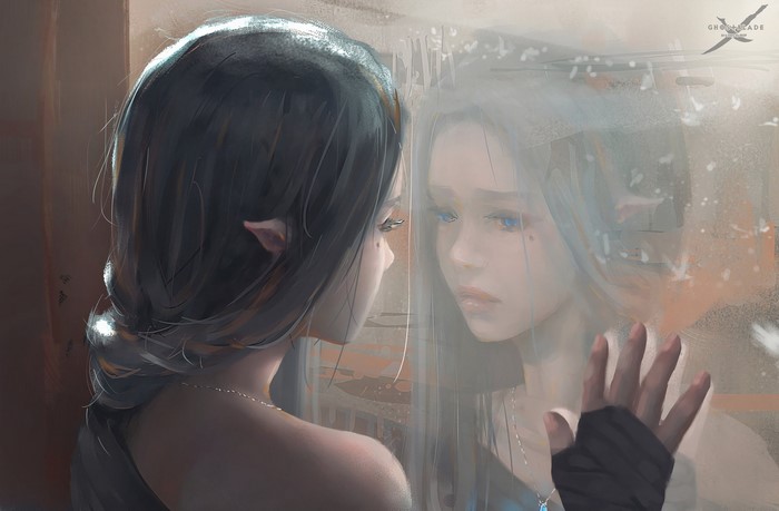 Elf girl looking at her reflection