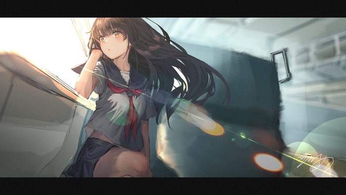 Anime girl in school uniform on a train