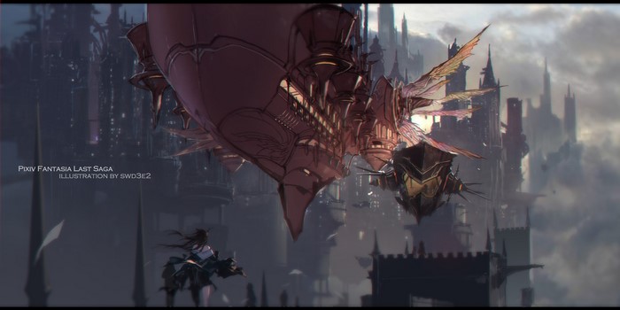 Girl on a mount with airship over fantasy city