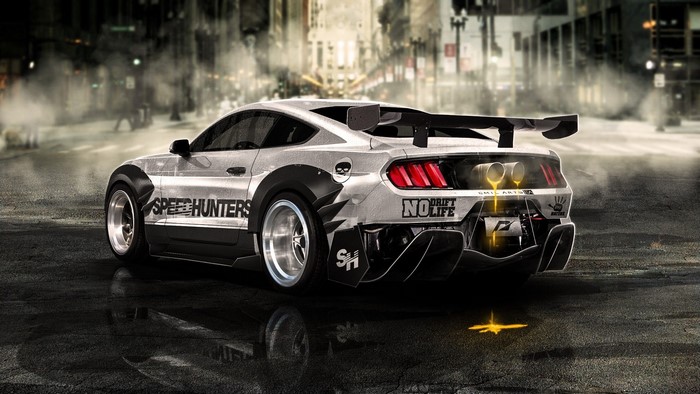 Modified Ford Mustang with "Speedhunters" and "No Life" livery
