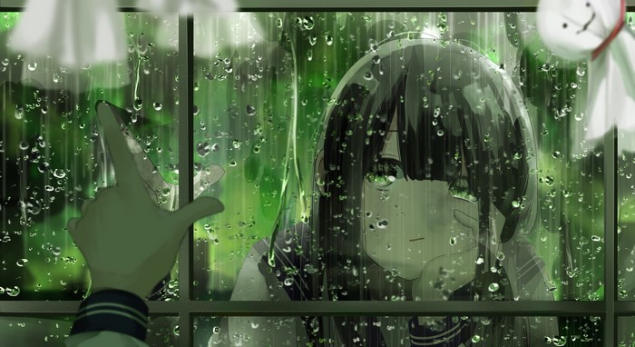 Anime girl in school uniform looking through a rainy window