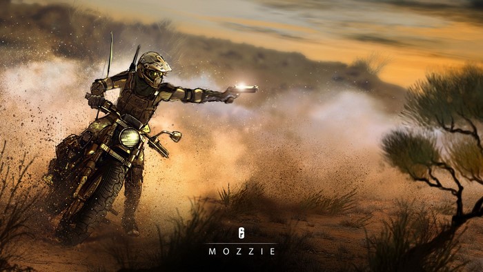 Mozzie from Rainbow 6: Siege on a motorcycle
