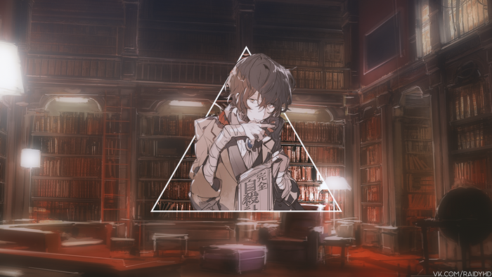 Dazai Osamu from Bungo Stray Dogs in a library