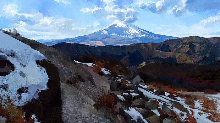 Digital painting of a snowy mountain landscape