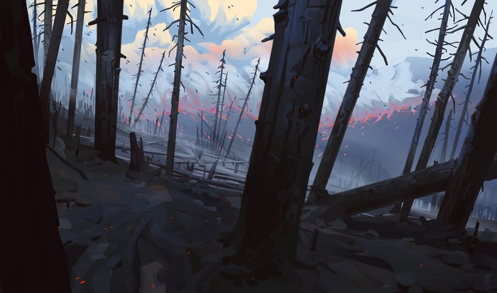 Digital art of a burnt forest with glowing embers