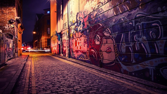 4K Urban Alleyway with Graffiti at Night