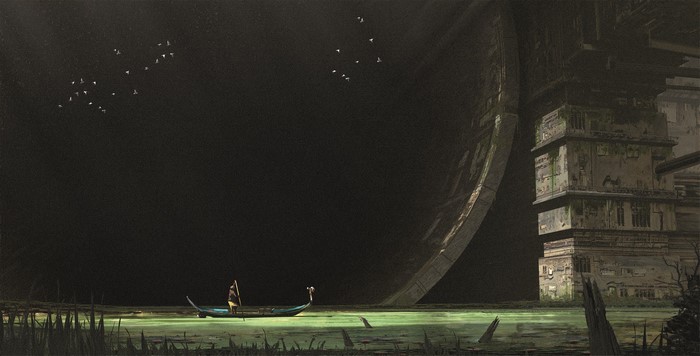 Gondola on a murky lake with alien structures