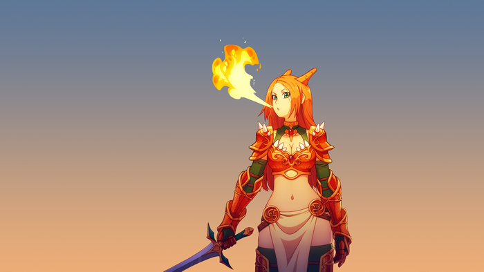Woman breathing fire, armored, sword, simple background