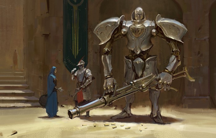 Giant robot with rifle and soldiers in ancient hall