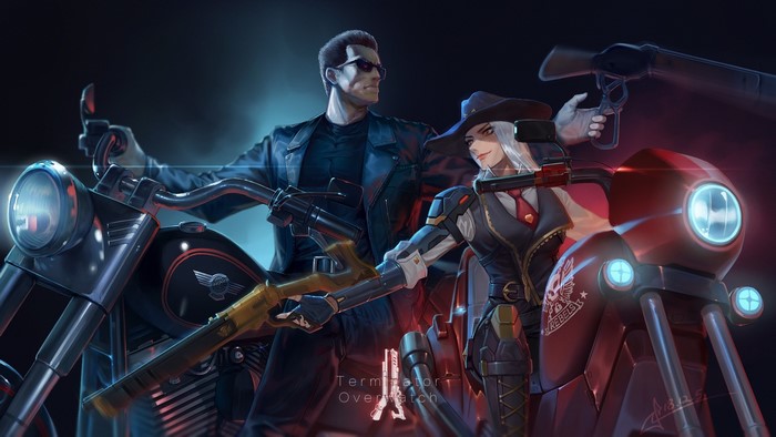 Terminator and Ashe from Overwatch on motorcycles
