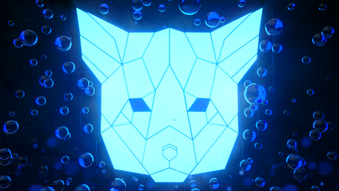 Cyan low poly fox head with bubbles and particles