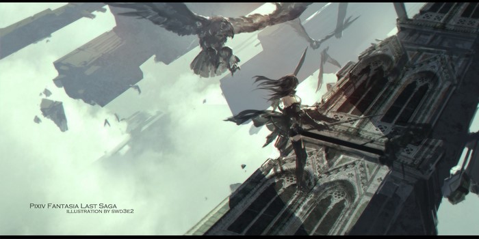 Girl with sword and eagle near ruined tower