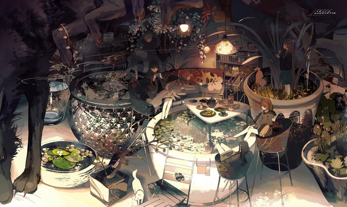 Anime characters and dog in a surreal indoor garden